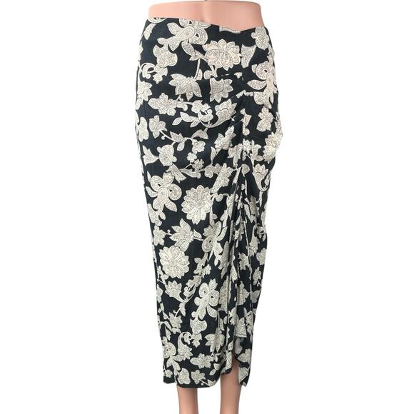 Zara Women's Black White Floral PaisleyRuched  High Waisted Maxi Slip Skirt S - Picture 1 of 7